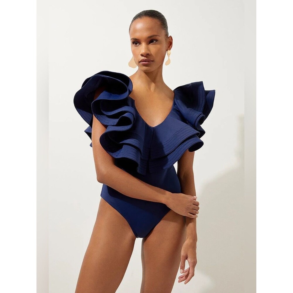 Karen Millen Drama Frill Swimsuit Navy One Piece Ruffle Luxury Swimwear Size M